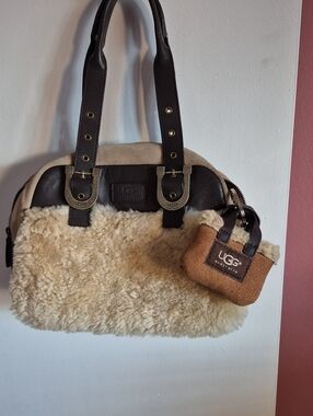 UGG Shearling Shoulder Bag in Cream and Brown with Mini Pouch